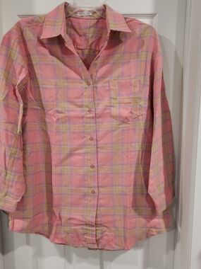 NWT Shop Neighbor Pink Yellow Plaid Flannel Button Up Tunic Shirt Mini Dress M L